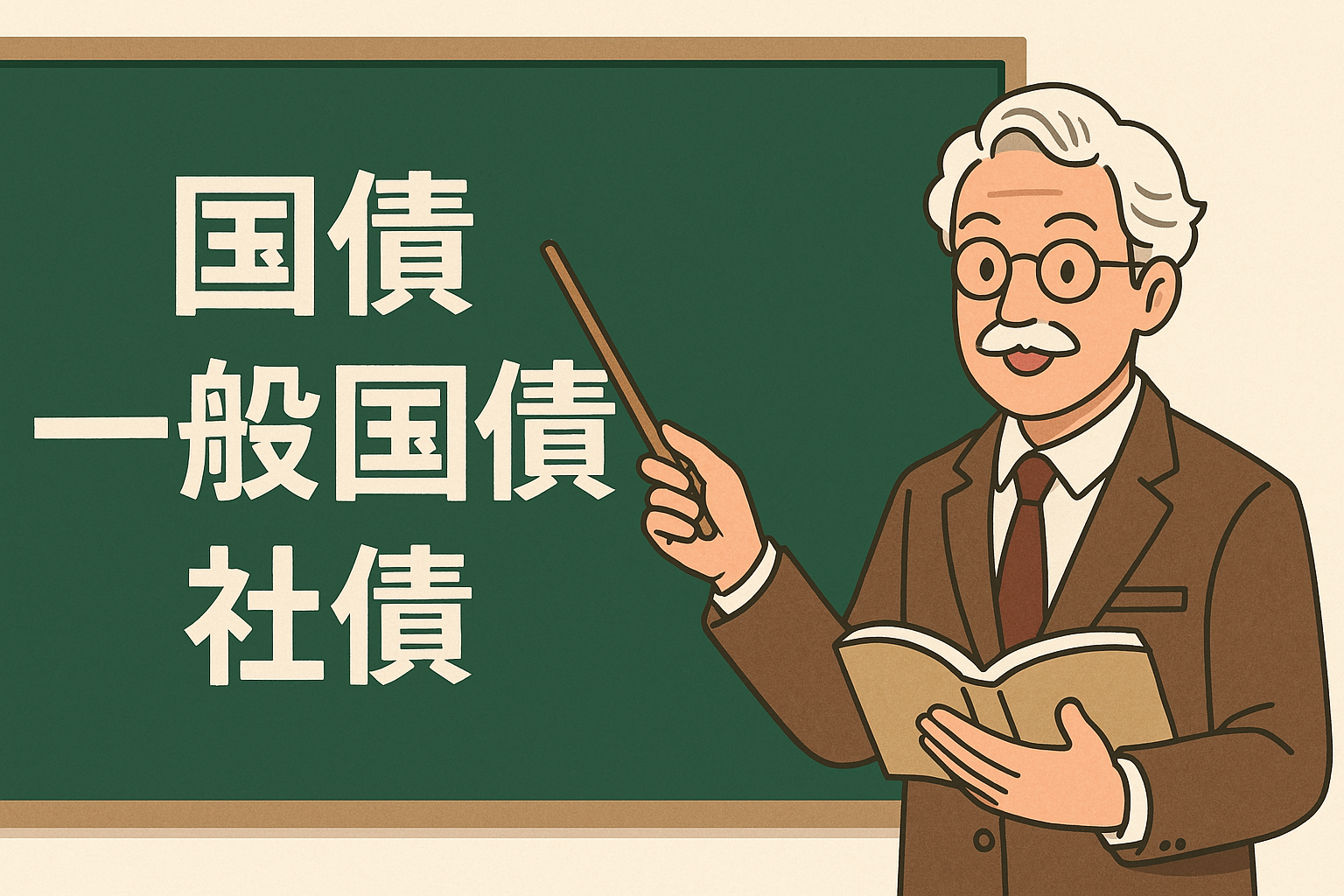黒板を背景に、「個人向け国債」「一般国債」「社債」とチョークで書かれたテキストが並び、それらを指差しながら解説しているメガネをかけた教授風の人物のイラスト。