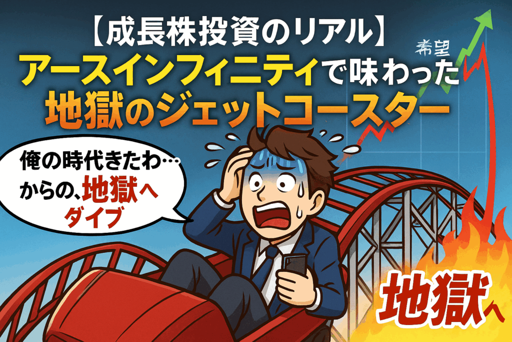 成長株投資で急騰と暴落を経験した投資家の心情を表現したTOP画像。急降下するジェットコースターと動揺した投資家キャラが、アースインフィニティでの激しい株価変動を象徴している。