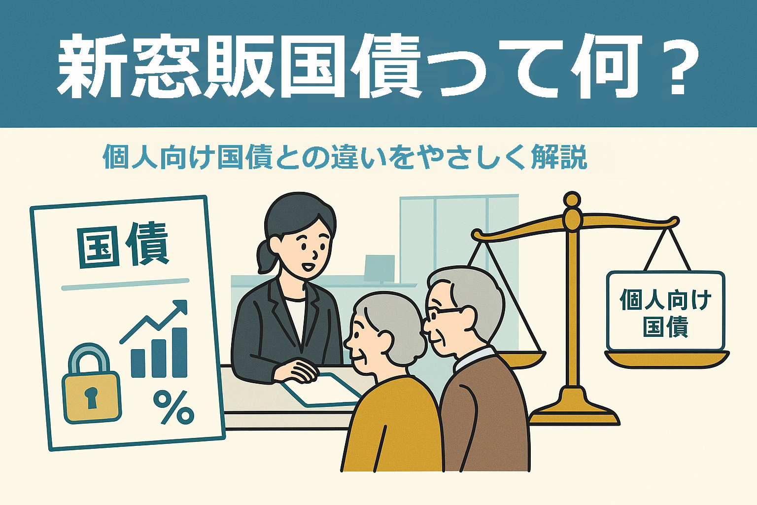 新窓販国債って何？ 個人向け国債との違いをやさしく解説』と書かれたタイトルバナー。中央に銀行窓口で相談する人物、国債書類、金利グラフのイラストが並び、右下に『新窓販国債 vs 個人向け国債』の比較ラベル。全体は落ち着いたブルーとグリーンの配色で、資産運用の安心感を表現。