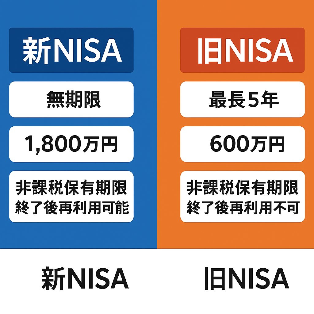 新旧NISAの違いをわかりやすく図解したイラスト。