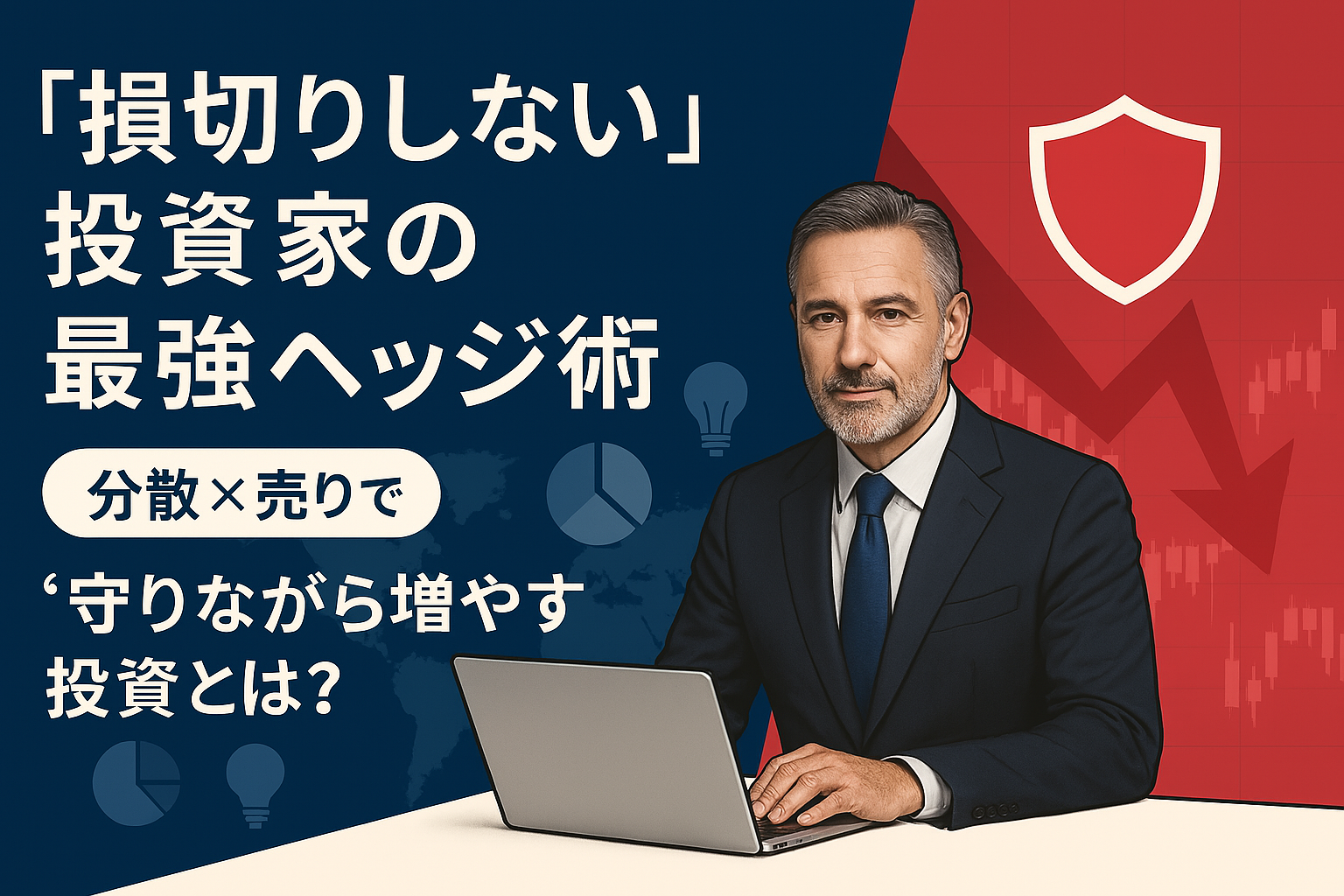 分散×売りのリスクヘッジをテーマにした画像。中央にタイトル、左に世界地図とアイコン、右にダンディな投資家と下落チャート。