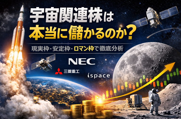 宇宙関連株は本当に儲かるのかをテーマに、ロケットや人工衛星、月面と株価上昇イメージで事業化フェーズの宇宙銘柄を解説するトップ画像