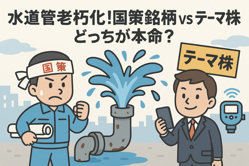 水道菅から水が漏れだすイラスト。国策とテーマ株の文字。