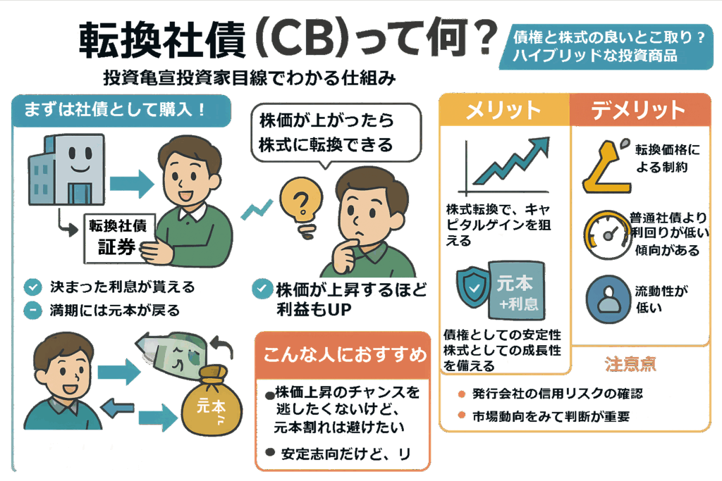 転換社債のメリット・デメリットをイラストによる図解で説明する画像