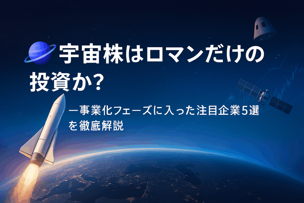 深い宇宙空間を背景に、打ち上がるロケットと地球の姿。左下に「宇宙株はロマンだけの投資か?──事業化フェーズに入った注目企業5選を徹底解説」の白字キャッチが浮かぶ、近未来的なビジネスイメージバナー。