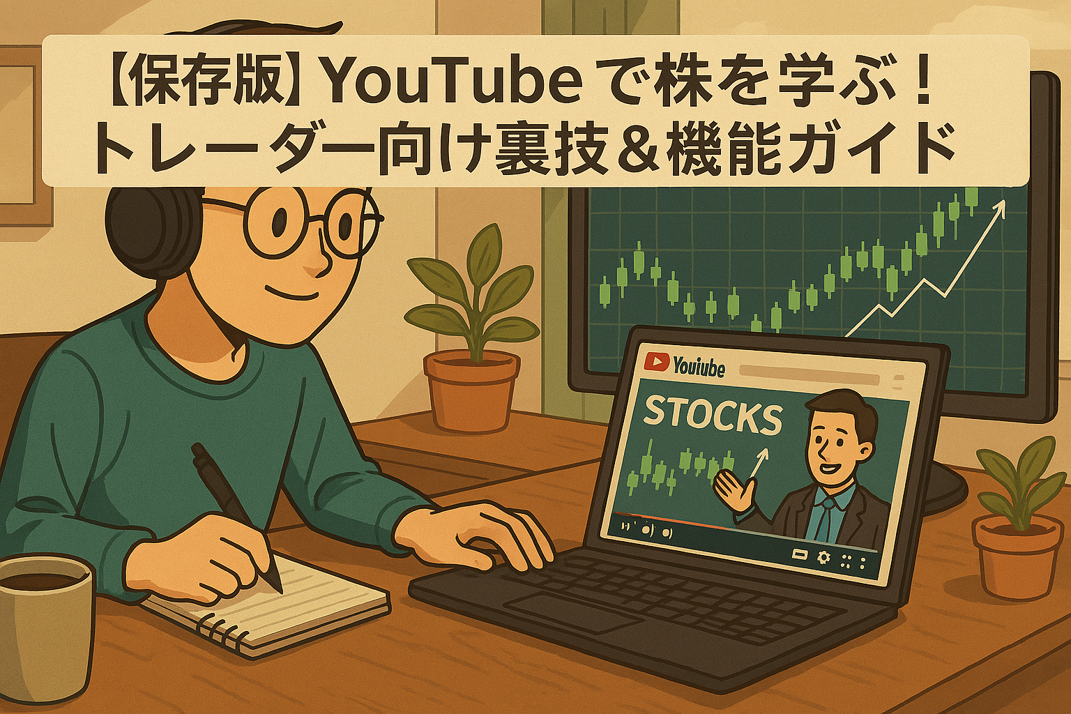 YouTube動画で株を学ぶトレーダーがPCでチャートを見ながら解説を視聴している様子（保存版：YouTubeで株を学ぶ！トレーダー向け裏技＆機能ガイド）