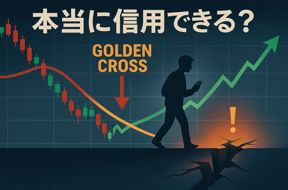 ゴールデンクロス直後の株価チャート上を歩く人物が、亀裂の罠に向かって進む様子。“本当に信用できる?”の警告テキスト付き。
