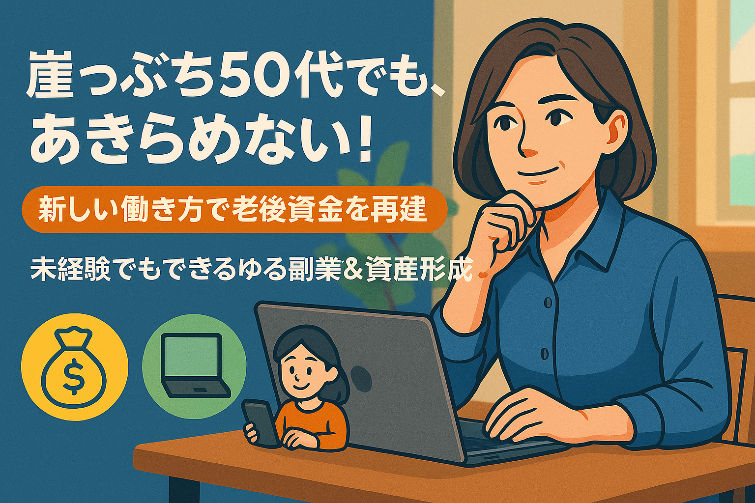 自宅でパソコンとスマホを使いながら副業に取り組む50代女性。前向きな表情で、老後資金の再建を目指す様子を描いたイラスト。