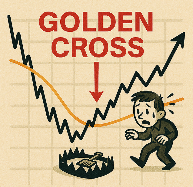 株価チャート上に“GOLDEN CROSS”の赤い太字テキストと、それを交差点に向けて指す赤い矢印。移動平均線が交差するゴールデンクロスの下には、株価ラインに巧妙に仕込まれたベアトラップが描かれ、投資判断の落とし穴を暗示している。