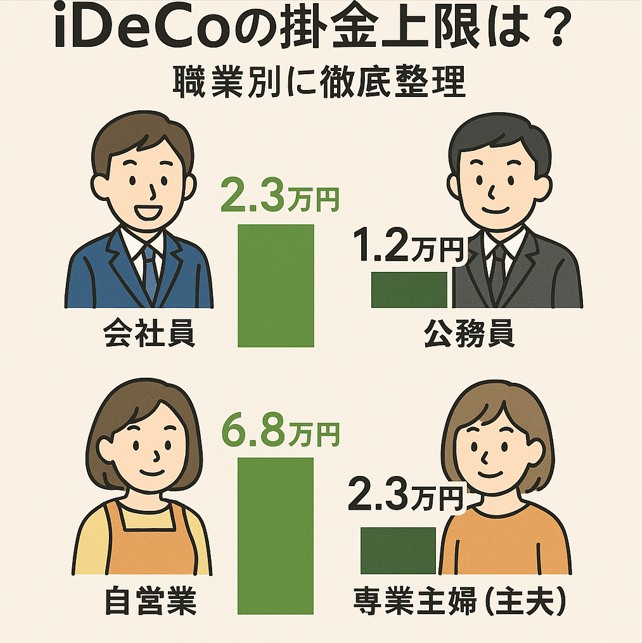 iDeCoの掛金上限はいくら？職業別に徹底整理」というタイトルの日本語インフォグラフィック。