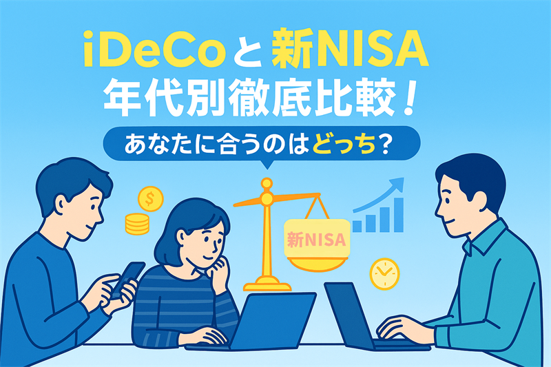 iDeCoと新NISAを比較する投資初心者向け画像。人物イラストと天秤・資産形成アイコン付き。