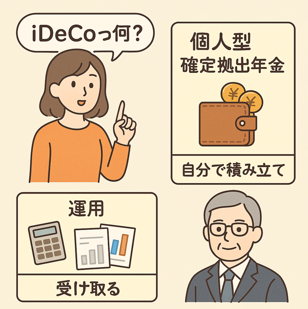 「iDeCoって何？」を説明する日本語の教育イラスト。