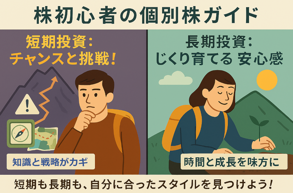 短期と長期投資の違いを対比する初心者向けイラスト。険しい山と地図を持つ男性、穏やかな山と種をまく女性が描かれている。