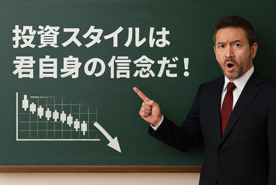 黒板に「投資スタイルは君自身の信念だ！」と力強く書かれ、先生が「ココ大事！」と指差している構図になっています。