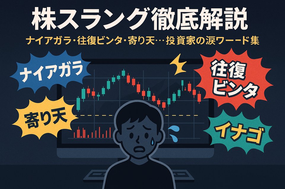タイトル「株スラング徹底解説」とサブタイトル「ナイアガラ・往復ビンタ・寄り天…投資家の涙ワード集」が画面上部に表示されている。