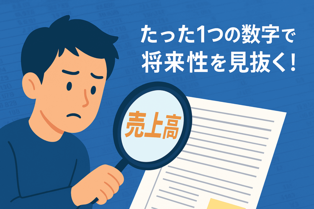 決算書を虫眼鏡で覗き込む男性、売上高に注目しているイラスト