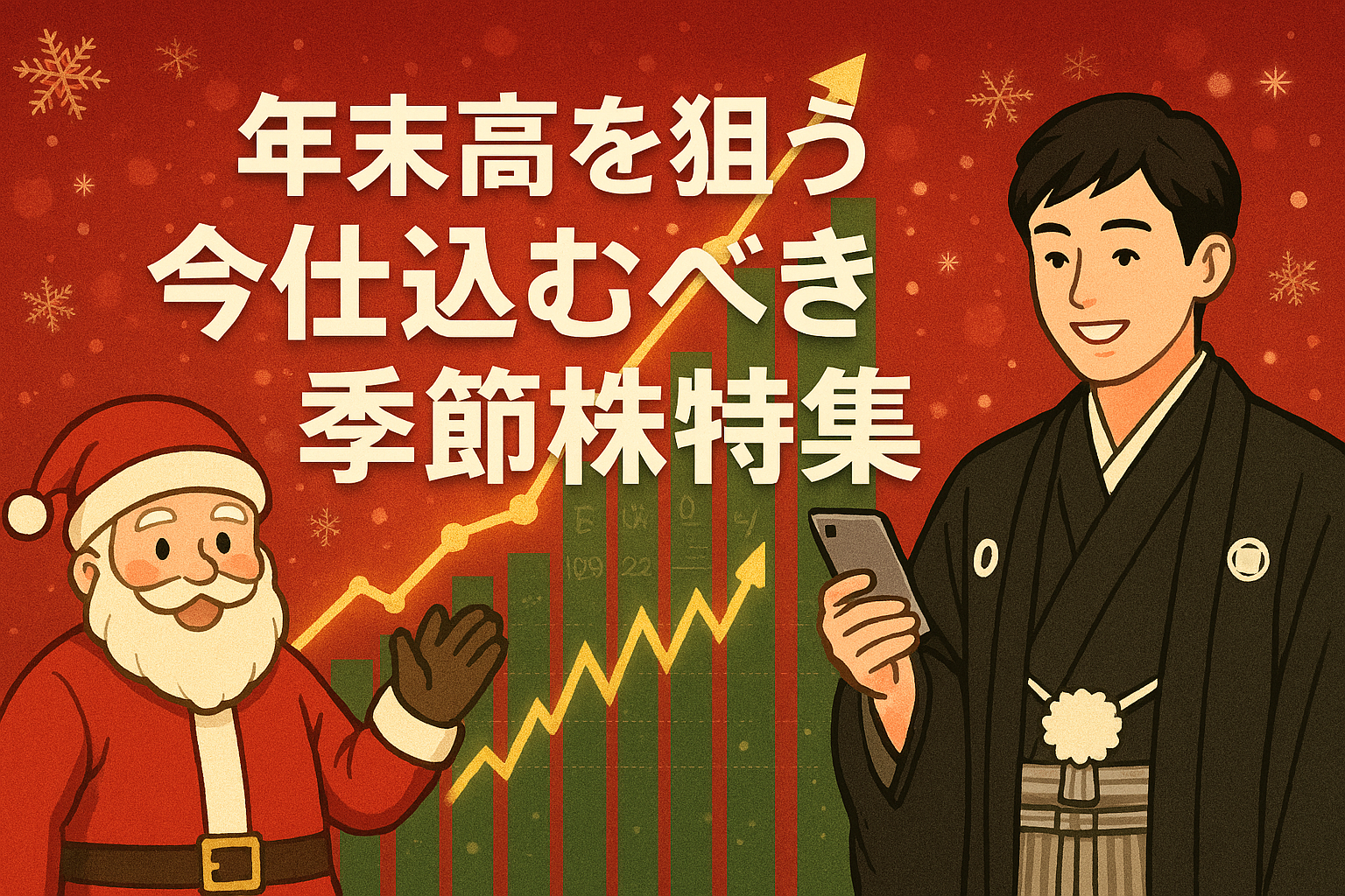 クリスマスとお正月をテーマにした投資特集バナー。背景は赤を基調に雪の結晶が舞い、中央に「年末高を狙う今仕込むべき季節株特集」の白文字。左にサンタクロース、右に和装の男性がスマホで株をチェックしており、年末の投資ムードを演出している。