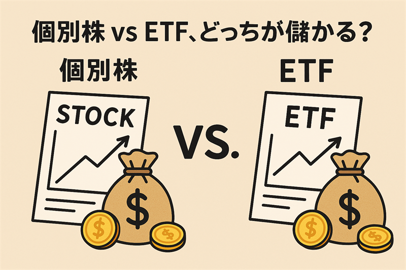 「『個別株 vs ETF、どっちが儲かる?』という問いを中心に、左側に“個別株”のラベルと株式チャート・ドル袋・コインのイラスト