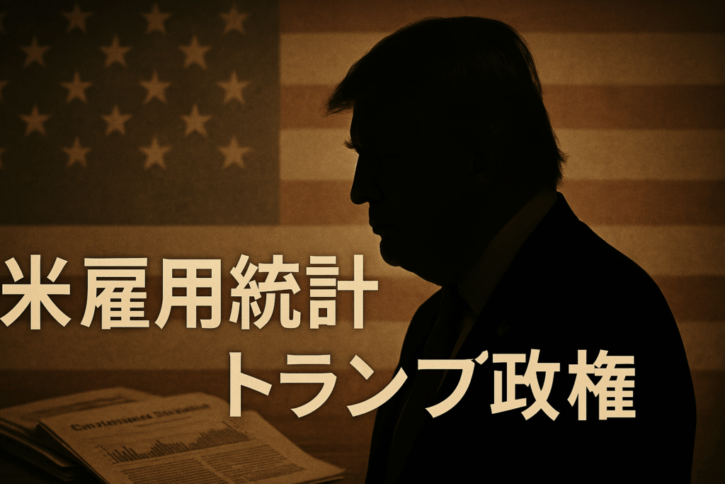 トランプ政権と米雇用統計の関係を象徴するセピア調の画像。米国旗と統計資料を背景に、トランプのシルエットと「米雇用統計 × トランプ政権」の文字が配置されている。