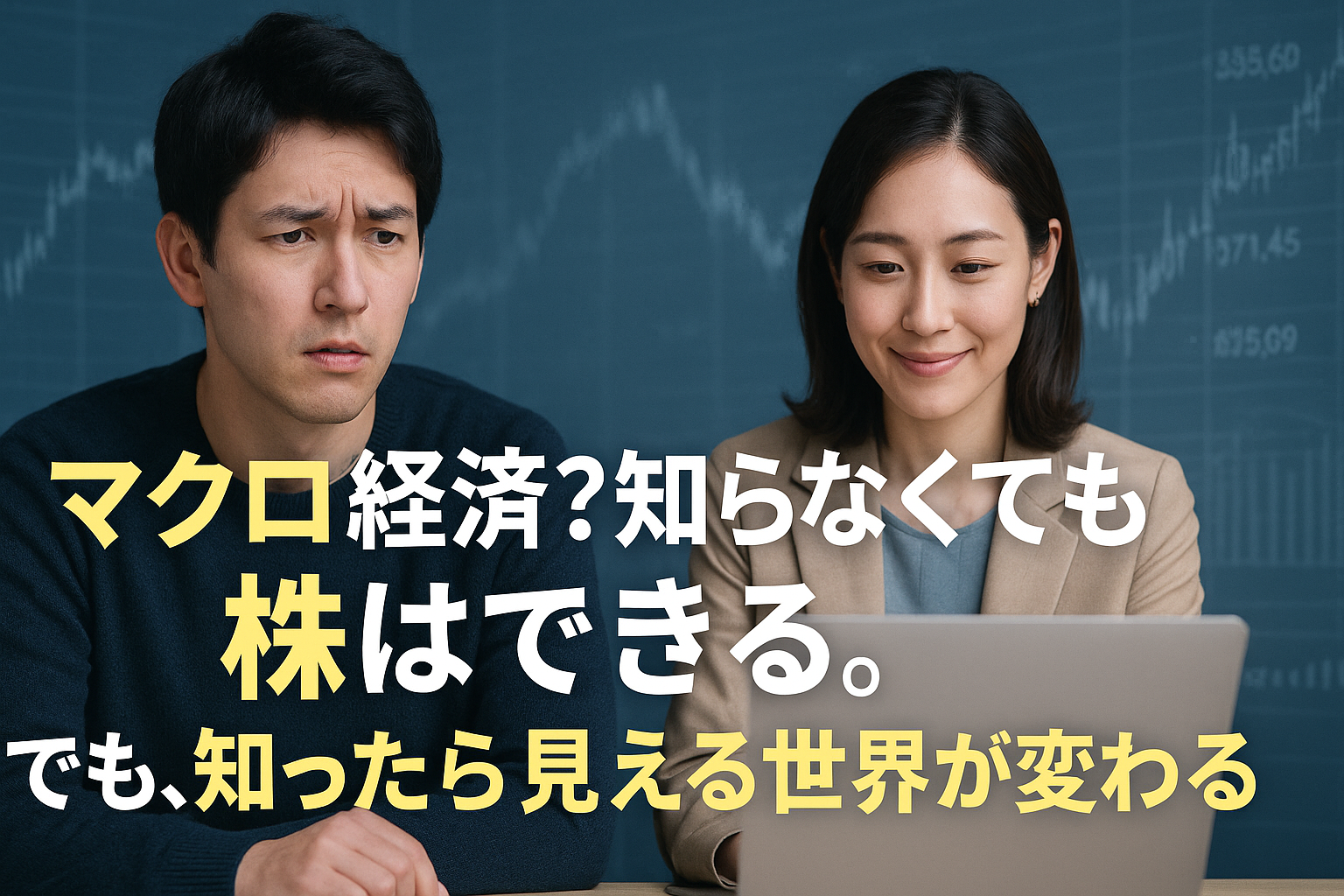 「マクロ経済？知らなくても株はできる。」というキャッチコピーが中央に配置されたトップ画像。青〜緑のグラデーション背景に、半透明のグラフや数字が重なり未来感を演出。左側にはスマホを持ち首をかしげる初心者投資家キャラ、右側にはチャート画面を見て微笑むメガネの投資家キャラ。