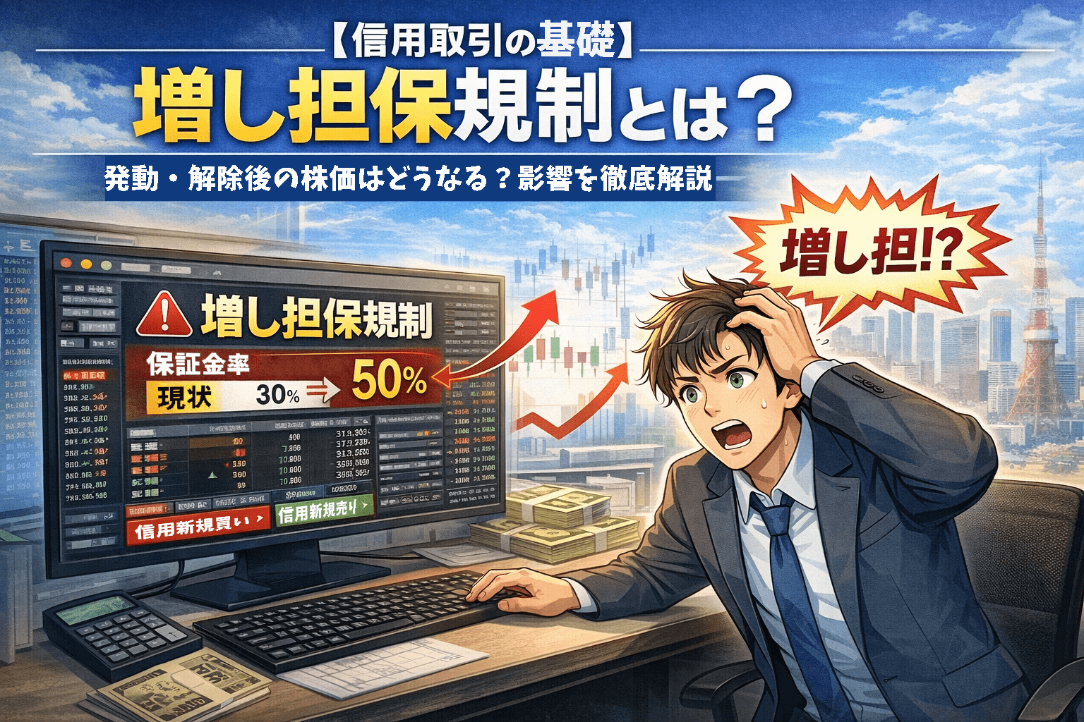 パソコンの株式板画面に表示された増し担保規制に驚く男性投資家のイラスト