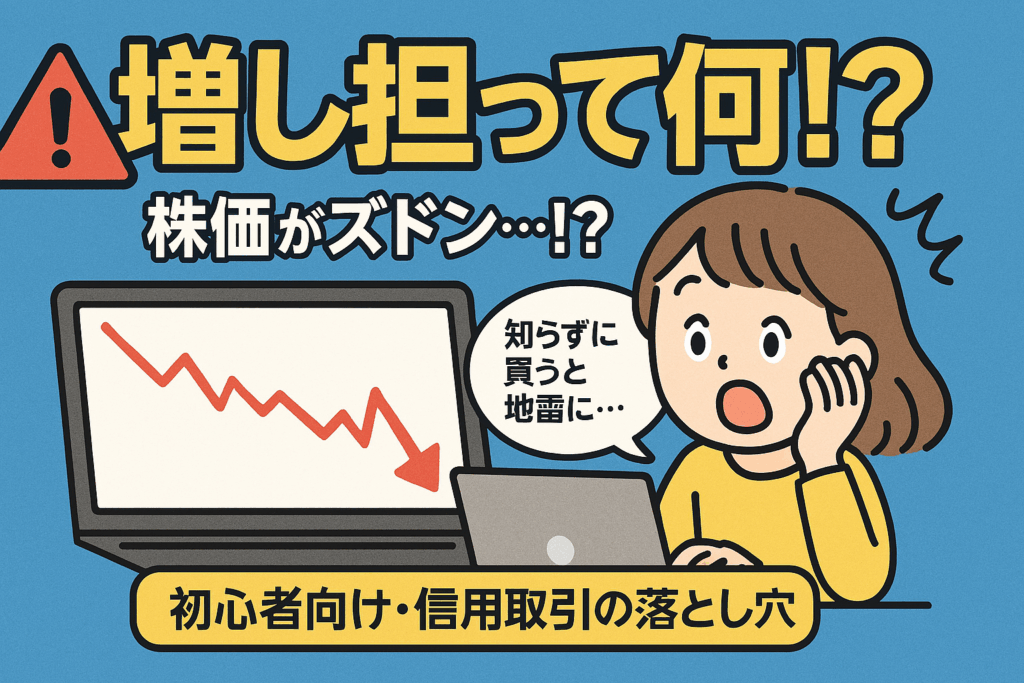 パソコン画面で株価が急落し驚く女性。増し担保規制の注意喚起を伝える漫画風イラスト。