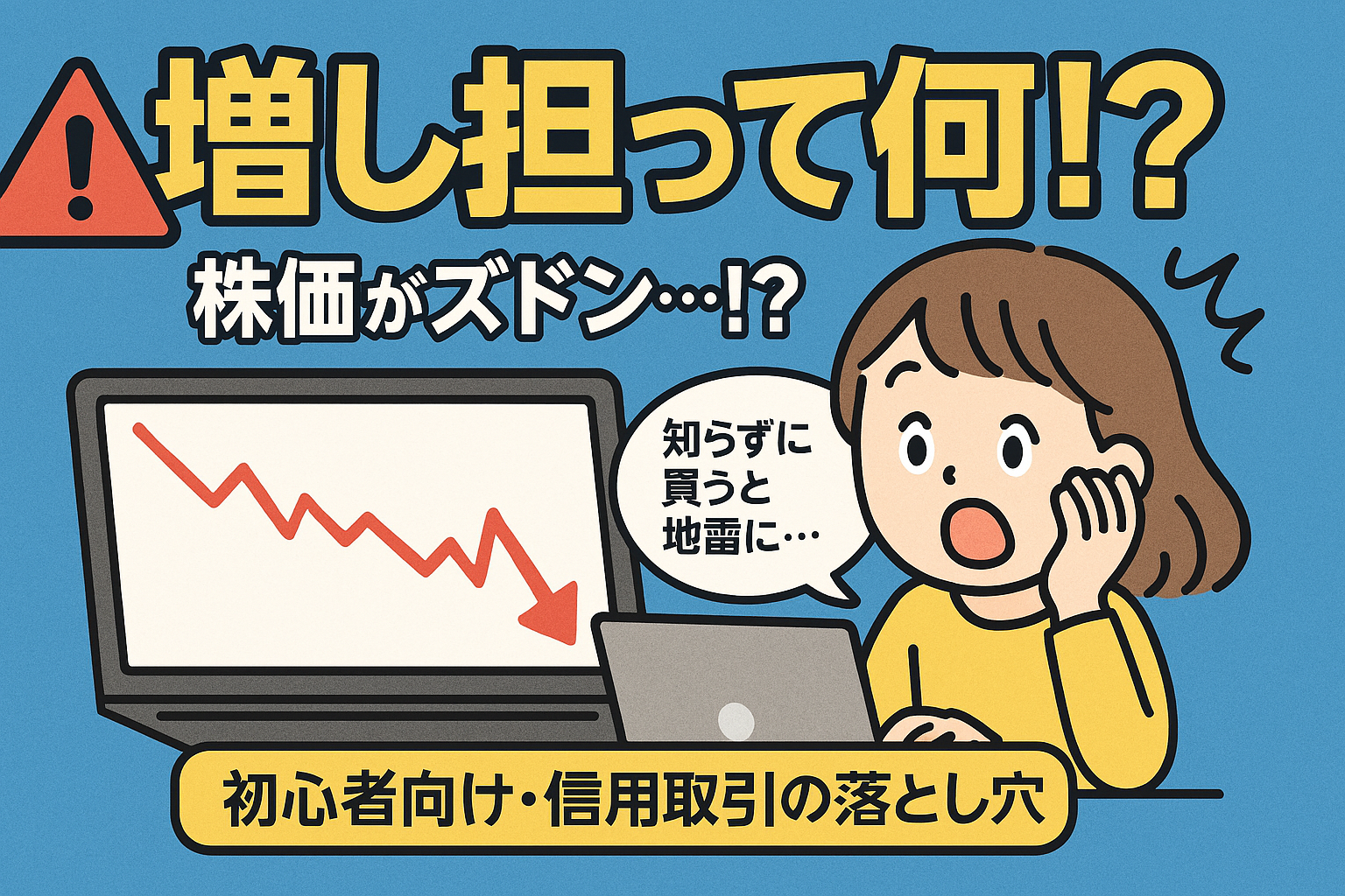 パソコン画面で株価が急落し驚く女性。増し担保規制の注意喚起を伝える漫画風イラスト。