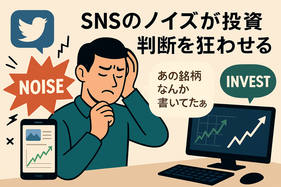 投資家がスマホやSNSの吹き出しに囲まれ、混乱した表情で銘柄選定に迷っている様子が描かれています。