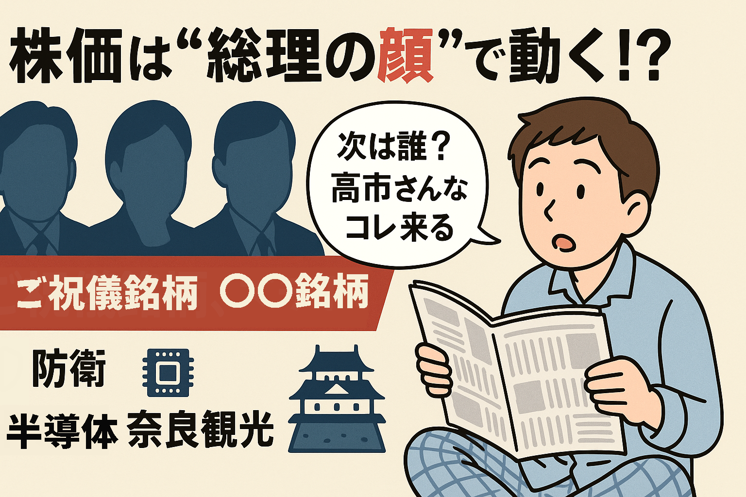 総理大臣候補のシルエットご祝儀銘柄と予想をテーマにしたブログ記事のアイキャッチ画像。