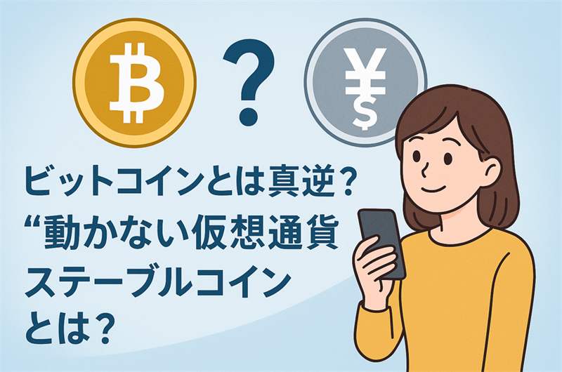 ビットコインとは真逆?“動かない仮想通貨”ステーブルコインとは?」という問いかけコピーが書かれた日本語の情報画像。スマホを見て安心している初心者女性のイラスト。