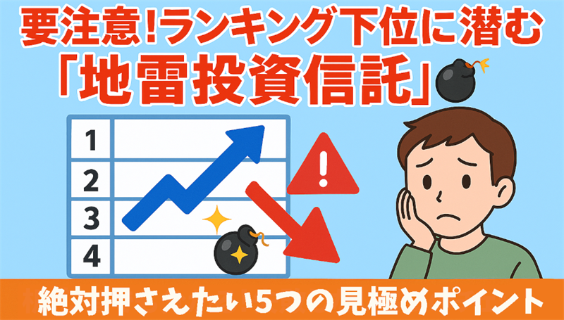 「要注意!ランキング下位に潜む地雷投資信託」キャッチコピーと、初心者投資家が困惑する表情でランキングチャートを見るイラスト。