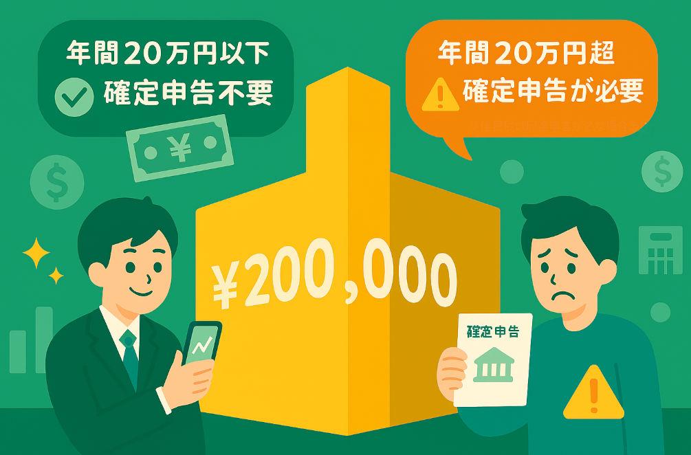 年間20万円の壁を視覚化したイラスト。中央に『¥200,000』と書かれた金色の壁があり、左側にはスマホでチャートを見る笑顔の人物と『年間20万円以下 確定申告不要』の緑の吹き出し。
