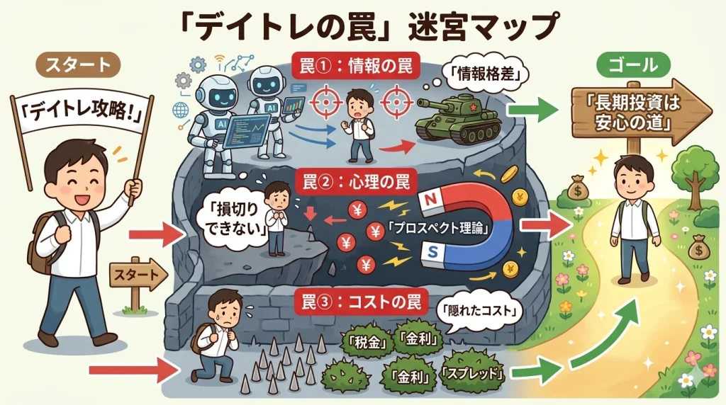 株初心者が陥りやすいデイトレードの3つの罠（情報の格差、心理的ハードル、隠れたコスト）と、安全な長期投資の道へと続く迷宮マップの図解。