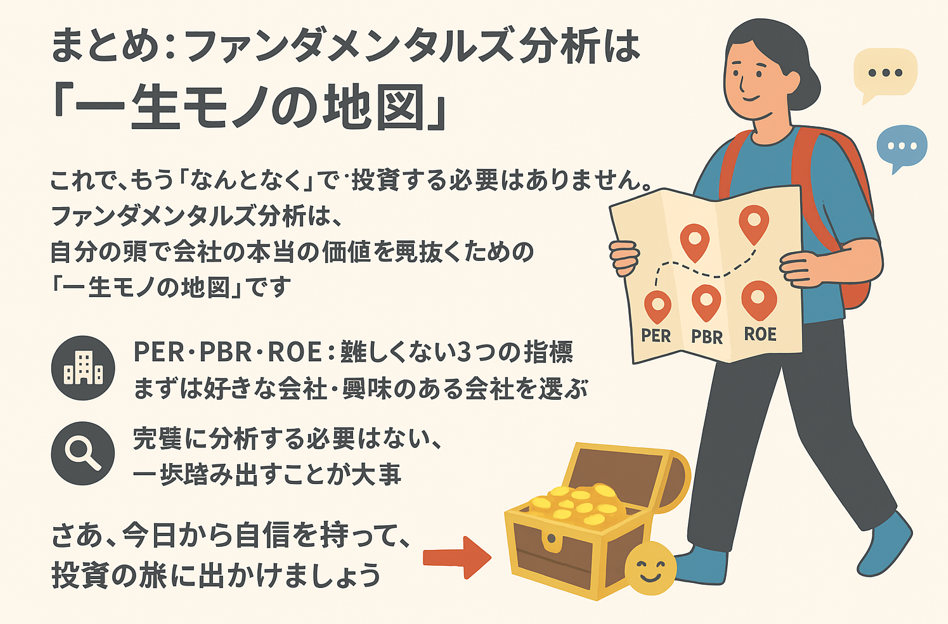 株初心者向けにファンダメンタルズ分析を解説するフラットデザインのインフォグラフィック。
