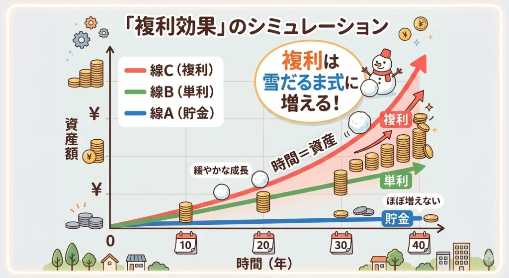 資産運用の複利効果シミュレーショングラフ。貯金、単利、複利の運用成果を比較し、複利が雪だるま式に急成長する様子を示したもの。
