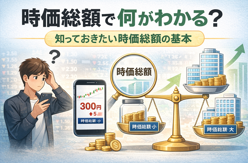 株価だけで判断すると失敗しやすいことを、時価総額の大小で比較した初心者向けイラスト