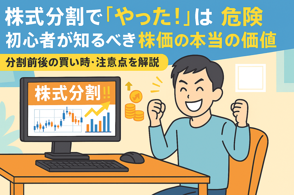 株式分割のニュースに喜ぶ初心者投資家、PC画面に株価チャートと注意喚起の文字