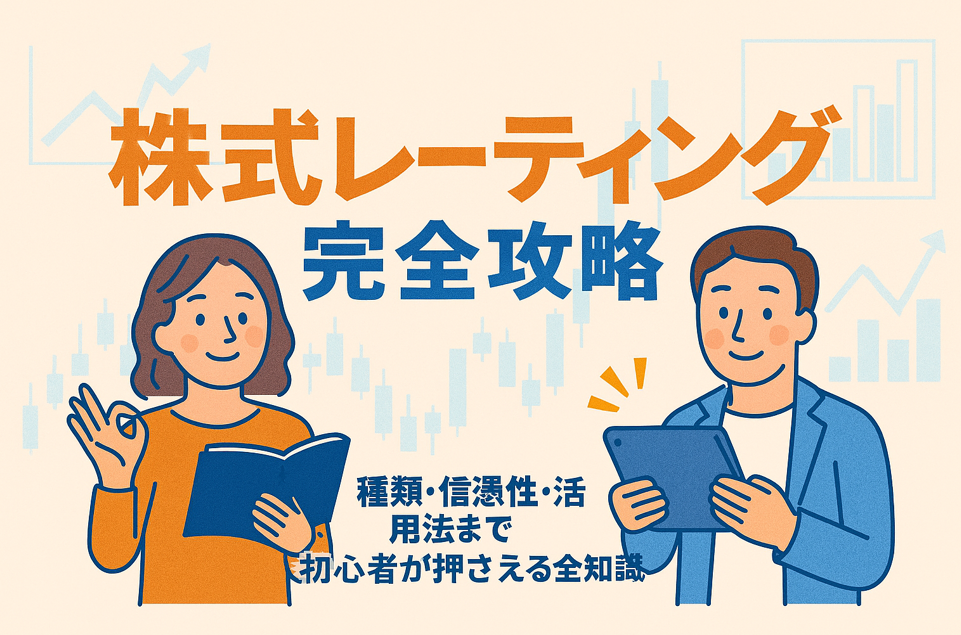 初心者向け株式レーティング解説バナー。安心感ある投資家イラストと株価チャート背景。