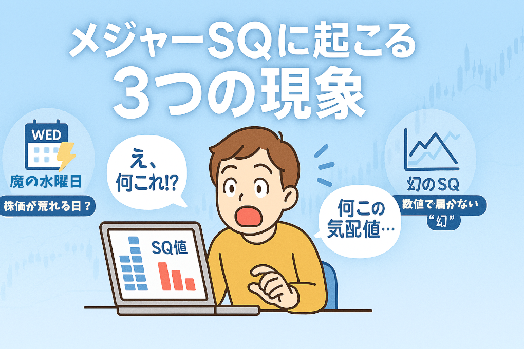 SQに起こる3つの現象を解説する金融記事のトップ画像。驚いた投資家キャラと板情報、3つの現象アイコン（魔の水曜日・板の歪み・幻のSQ）を配置。