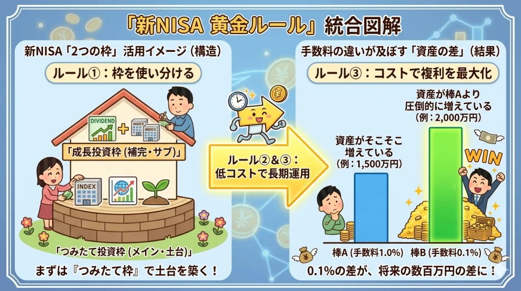 新NISAの黄金ルールを示すインフォグラフィック。左側に「つみたて投資枠」を土台とした2つの枠の活用構造、右側に「手数料（信託報酬）1.0%と0.1%」による30年後の資産額の差を比較したグラフを示しています。