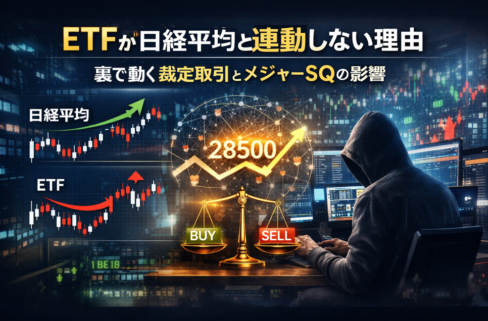 日経平均と連動しない日経225ETFの値動きを、裁定取引とメジャーSQの仕組みで解説した図解イメージ