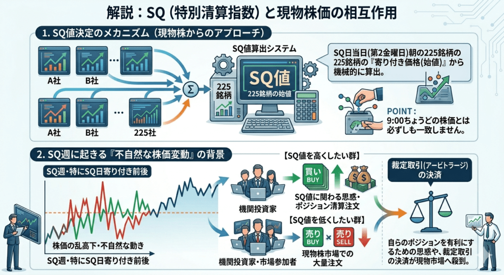 日経平均先物のSQ値決定メカニズムと現物株への影響を図解したインフォグラフィック。