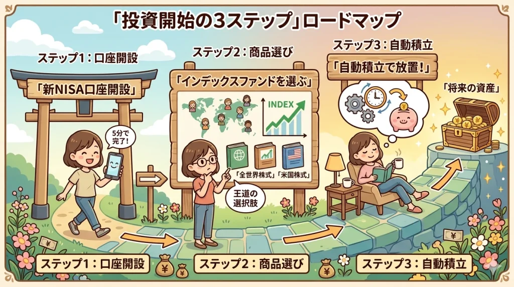 新NISAで長期投資を始めるための3ステップ（口座開設、商品選び、自動積立）を解説したロードマップの図解。スマホでの申し込みから、インデックスファンドの選択、そして自動積立の設定を経て、将来の資産（宝箱）へと至るまでの流れを示しています。