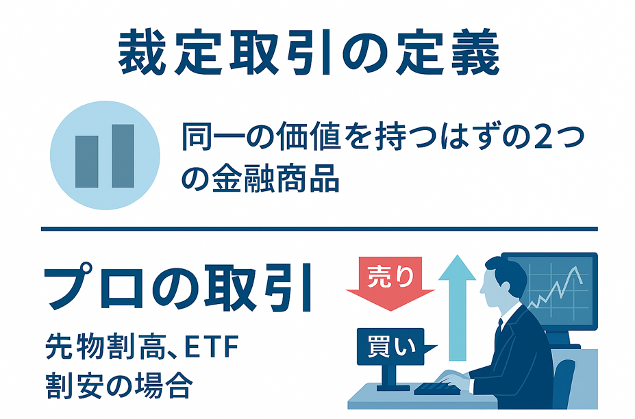 「裁定取引の定義とプロの取引を説明する日本語の金融インフォグラフィック。