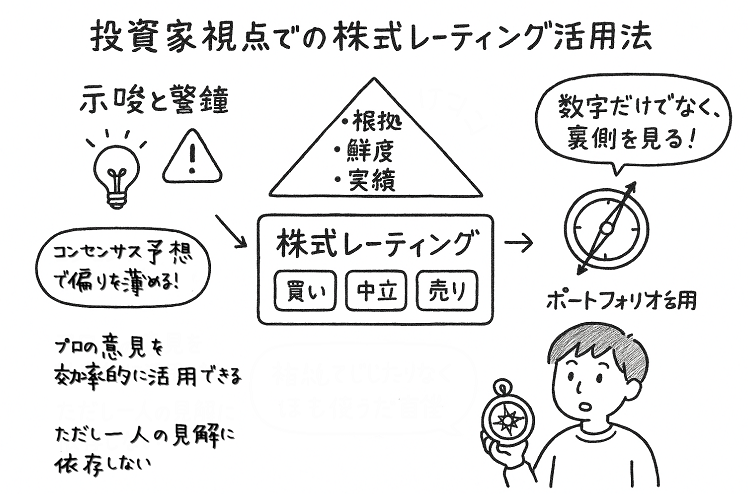 📊 イラスト構成案：「アナリストとレーティングの関係図」
① 全体イメージ

中央に大きな矢印（左→右の流れ）

左側：アナリストの分析プロセス

真ん中：評価レポート（根拠＋目標株価）

右側：シンプルなレーティング（買い／中立／売り）

下部に補足で「投資家がチェックすべき視点」を吹き出しで配置

② 左側（アナリストの分析）

アナリストキャラクター（眼鏡かけた人、資料をチェックしてる姿）

背景に以下のアイコンを配置：

財務データ📑（決算書イラスト）

市場動向📈（グラフ）

製品戦略🛠（工場や製品アイコン）

成長予測🌱（成長する木や上昇矢印）

③ 真ん中（レポート＝根拠部分）

書類・レポート風の枠に以下を記載：

「目標株価：〇〇円」

「根拠：新製品の売上拡大／市場シェア上昇」

アイコン例：📄🖊

④ 右側（結論としてのレーティング）

シンプルなパネルに「買い」「中立」「売り」

信号機や3段階メーター（緑＝買い、黄＝中立、赤＝売り）風にデザイン

⑤ 下部（投資家視点）

吹き出しに「結論よりプロセスが大事！」

小さな投資家キャラ（驚いた顔）を配置して、レポート部分を指さしている