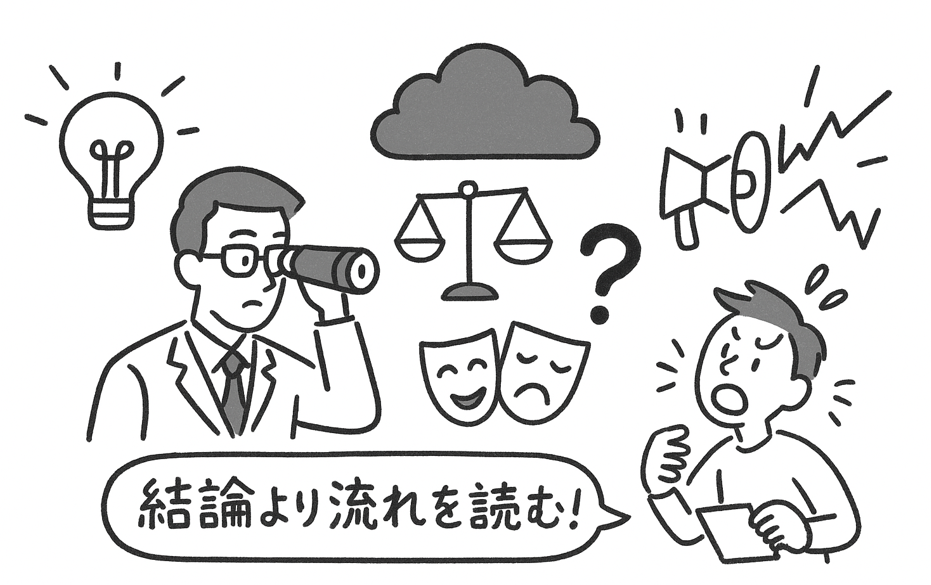 横長の手書き風イラスト。左には望遠鏡をのぞくスーツ姿のアナリストと電球（レーティングの光・メリット）。中央には曇り雲、天秤、笑いと泣きの仮面、クエスチョンマーク（不確実性・バイアスの影）。右にはメガホンと株価急変に慌てる投資家（市場反応）。下部に「結論より流れを読む！」という吹き出し。