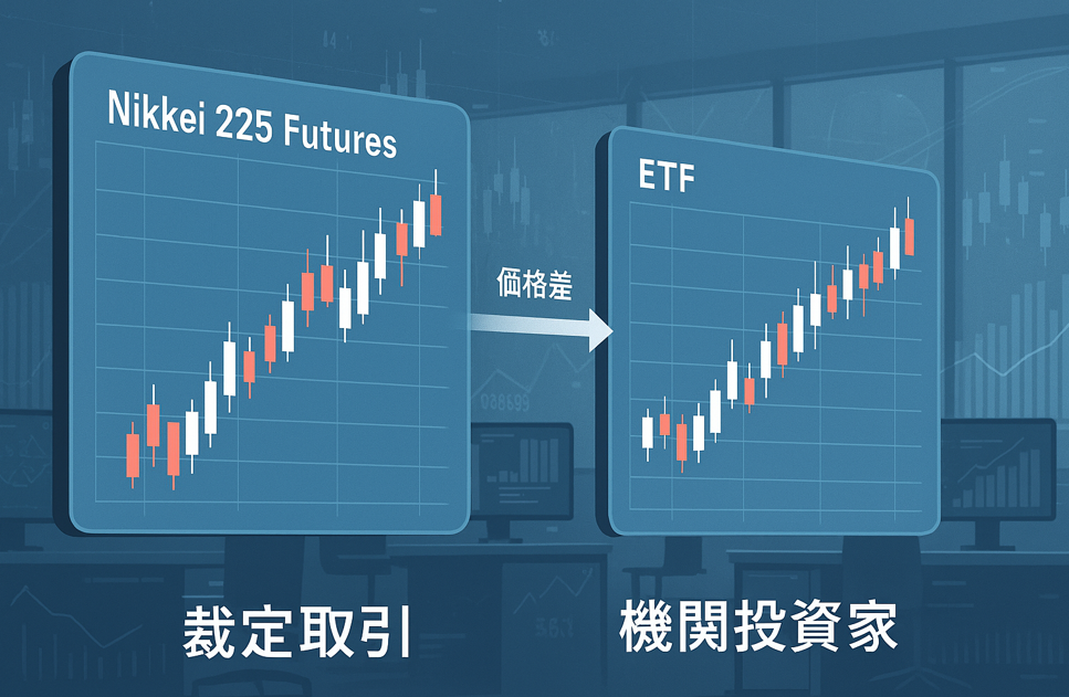 日経225先物とETFのローソク足チャートを比較し、価格差を矢印で示した裁定取引の概念図。背景には金融オフィスと複数のスクリーンが並び、アルゴリズム取引を連想させる数字やグラフが散りばめられている。