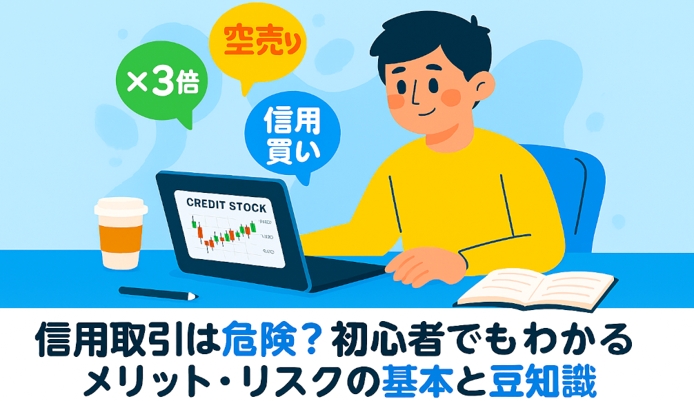 初心者投資家の男性がパソコンで株価チャートを見ている様子。背景に『3倍』『空売り』『信用買い』のキーワードが浮かび、下部に信用取引のメリット・リスクのテキスト。