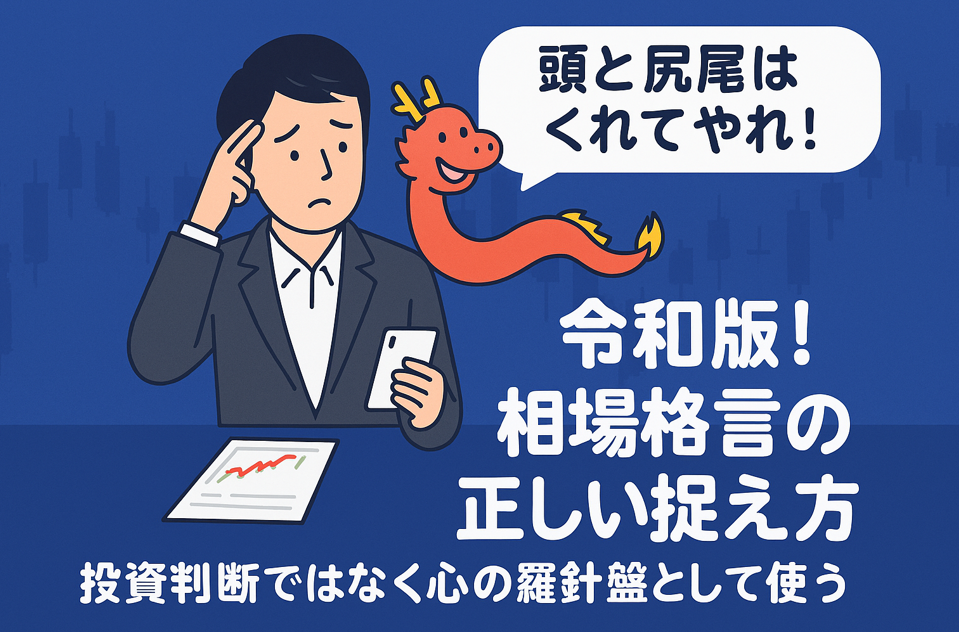 悩む投資家と肩に乗ったコミカルな龍。吹き出しで相場格言を語る。