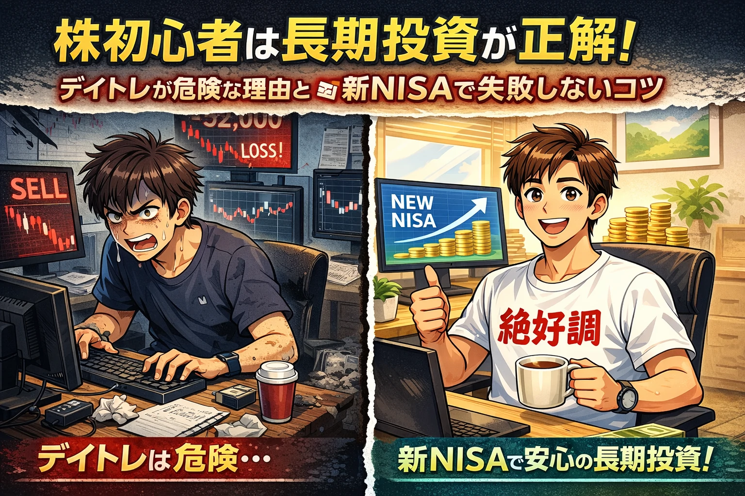 デイトレで消耗する初心者と新NISAで資産を増やす長期投資の違いを示した比較イラスト